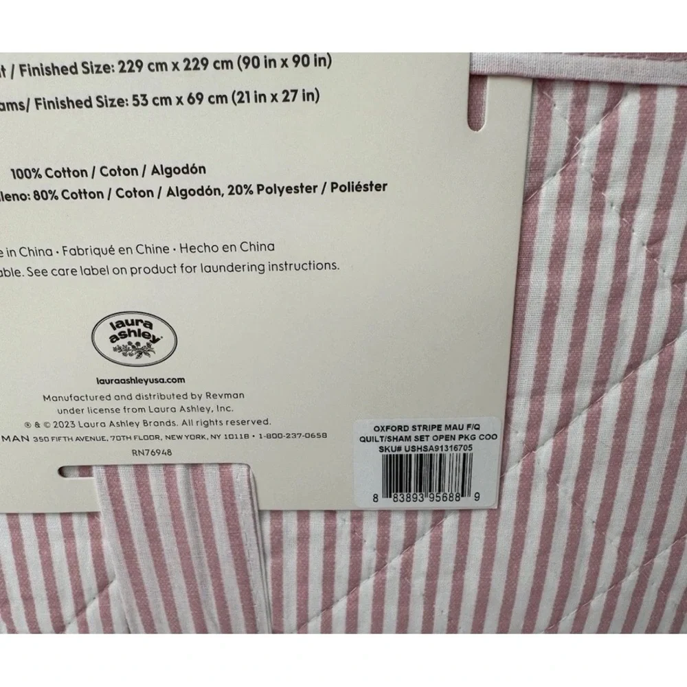 Laura Ashley ~ Full/Queen PINK Oxford Stripe Quilt/Sham Set ~ Reversible/Cotton